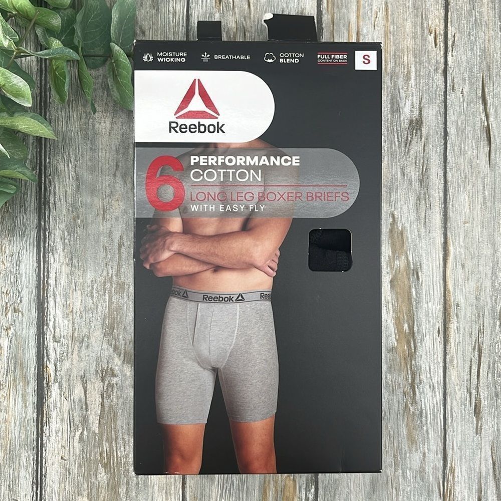 Reebok Men's Stretch knit Cotton Long Leg Boxer Briefs, Black 6-Pack Size S